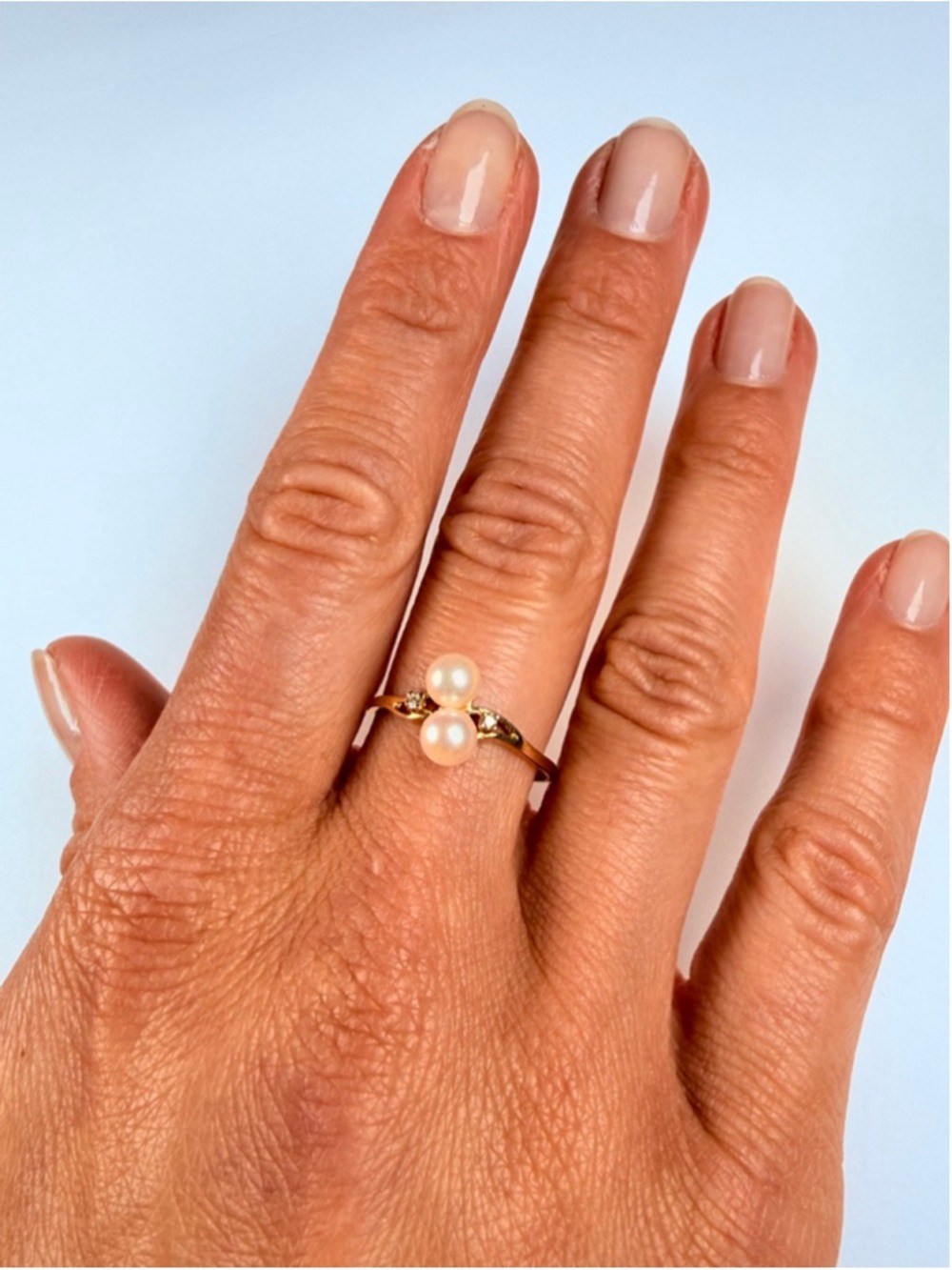 14K Solid Yellow Gold Genuine Diamond & 5MM Bypass Double Pearl VTG Ring - Picture 4 of 13